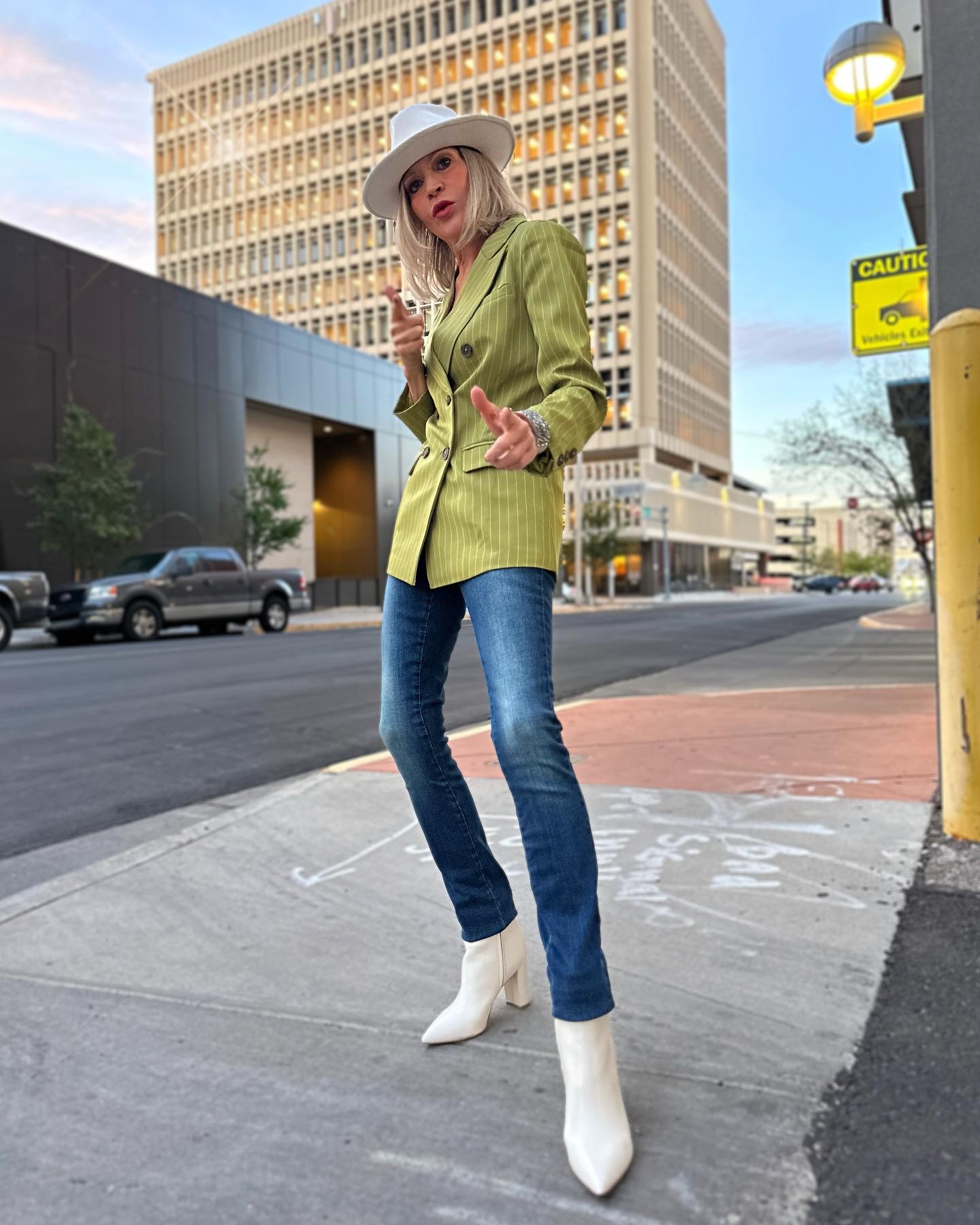 Lifestyle influencer, Jamie Lewinger of More Than Turquoise wearing Eurivicy Women's Casual Lapel Blazer in olive 