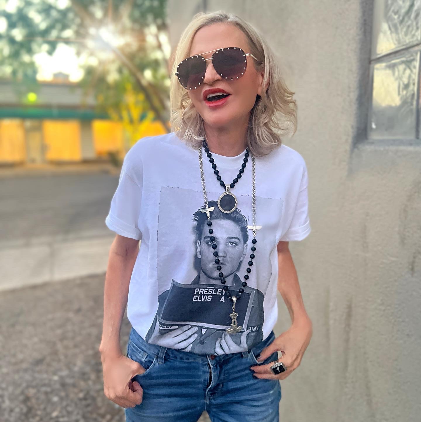 Lifestyle Influencer, Jamie Lewinger of More Than Turquoise wearing Elvis tee from Etsy