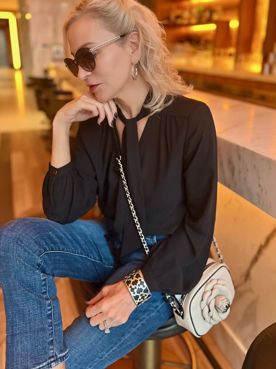 Lifestyle Influencer, Jamie Lewinger of More Than Turquoise wearing Brighton Christo Toledo wide cuff bracelet