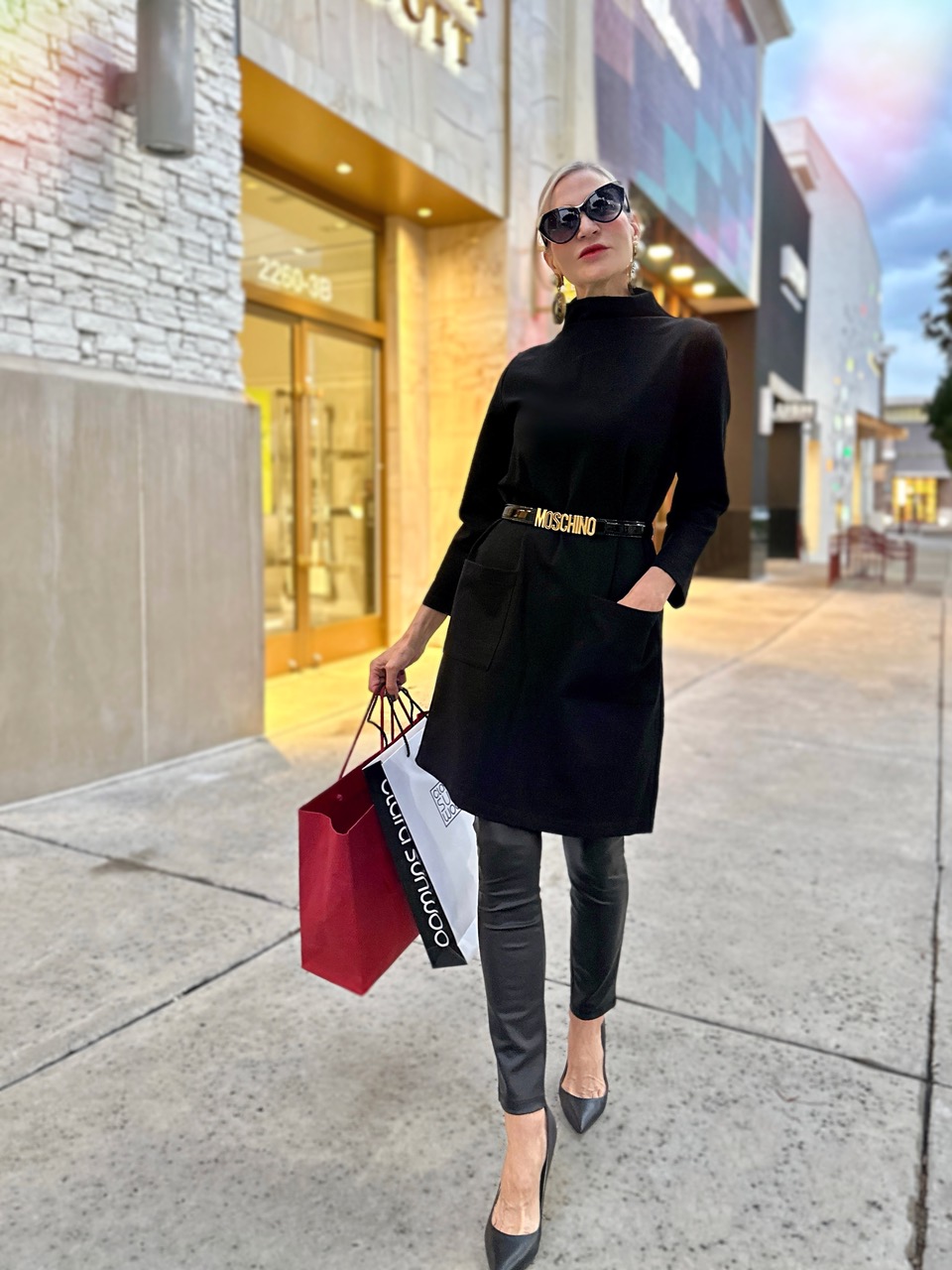 Lifestyle Influencer, Jamie Lewinger of More Than Turquoise wearing Ponte knit dress from Clara Sunwoo  in black