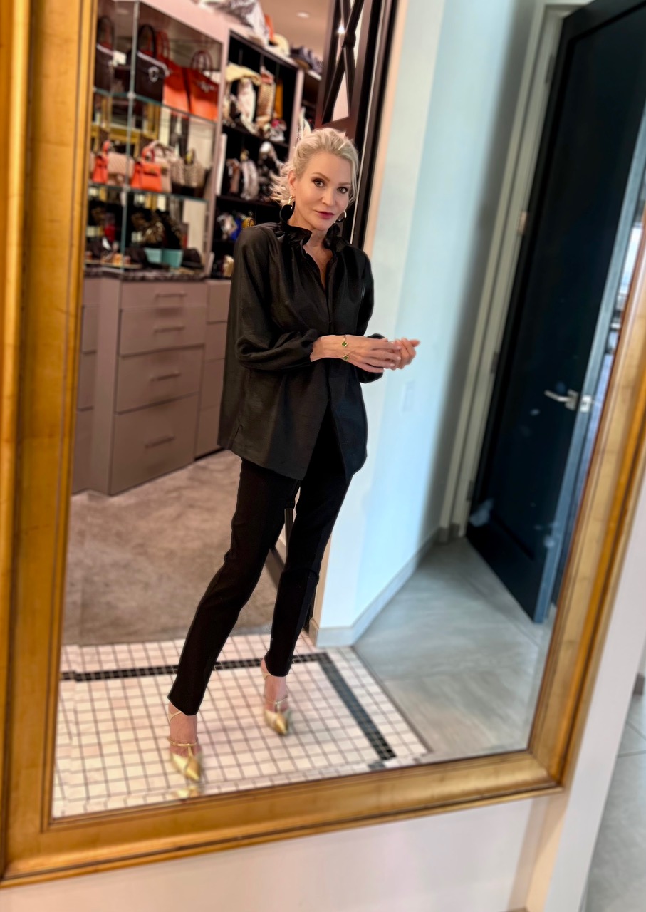 Lifestyle Influencer. Jamie Lewinger of More Than Turquoise wearing Satin Ruffle Collar jacket from Chico's
