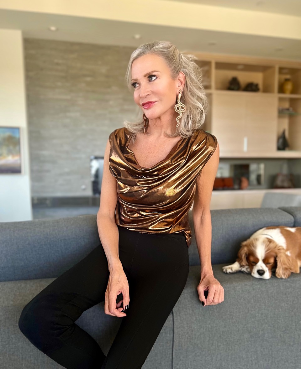 Lifestyle Influencer, jamie lewinger of More Than turquoise wearing Bacall Top from Eva Franco 