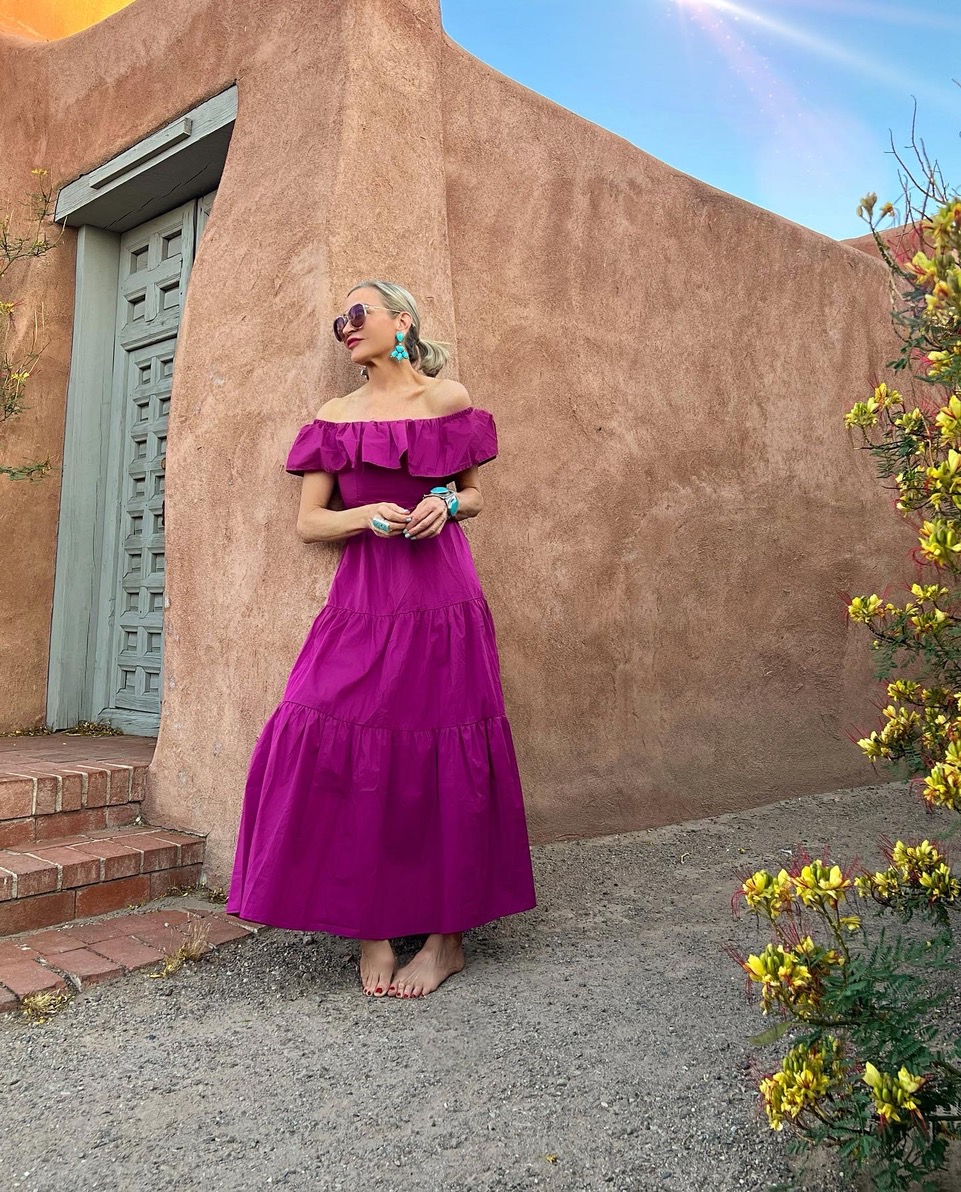 Lifestyle Influencer, Jamie Lewinger of More Than Turquoise, wearing Shein's off shoulder ruffle dress