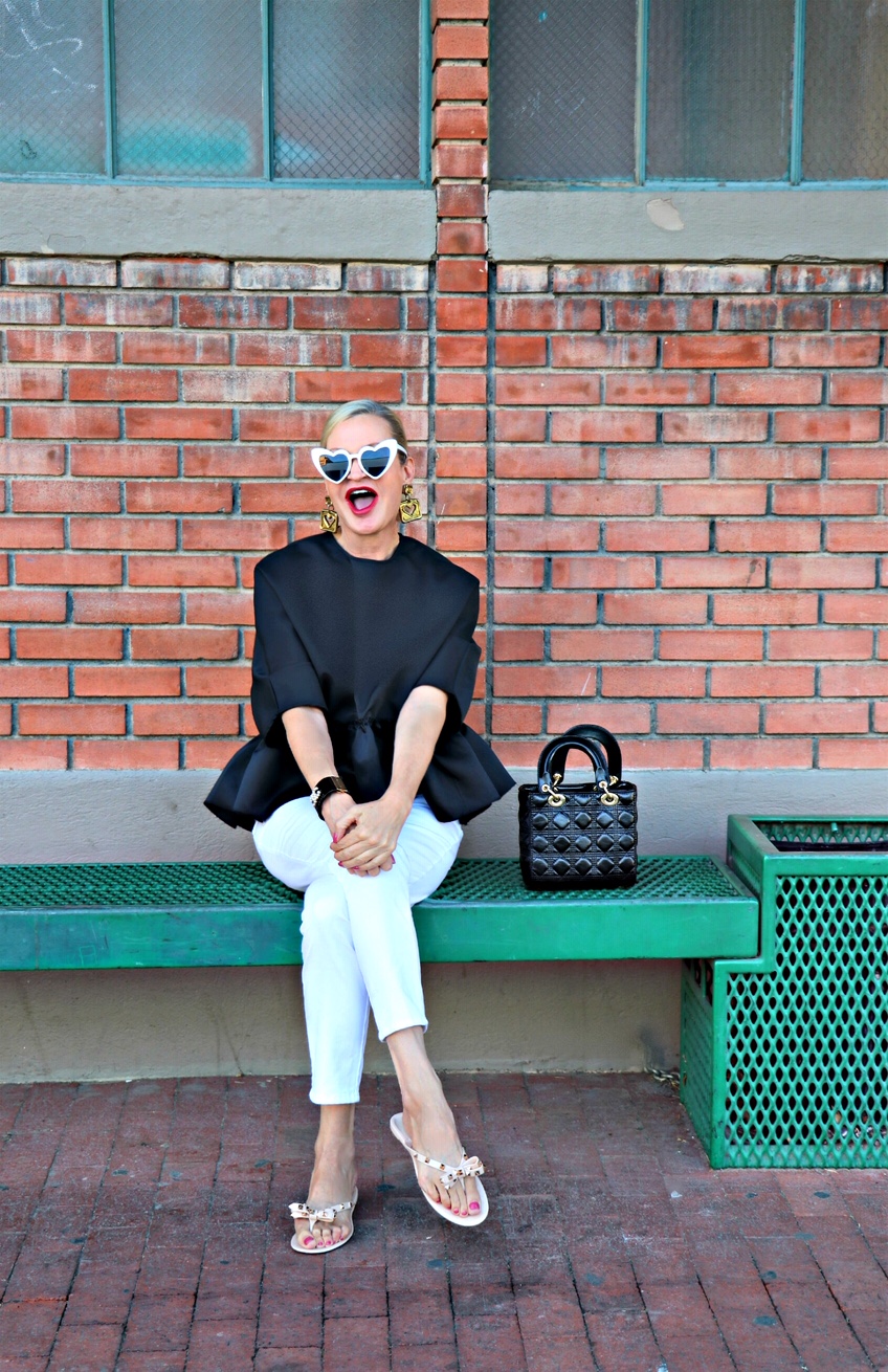 Lifestyle Blogger, Jamie Lewinger of More Than Turquoise, wearing studded bow sliders from SheIn