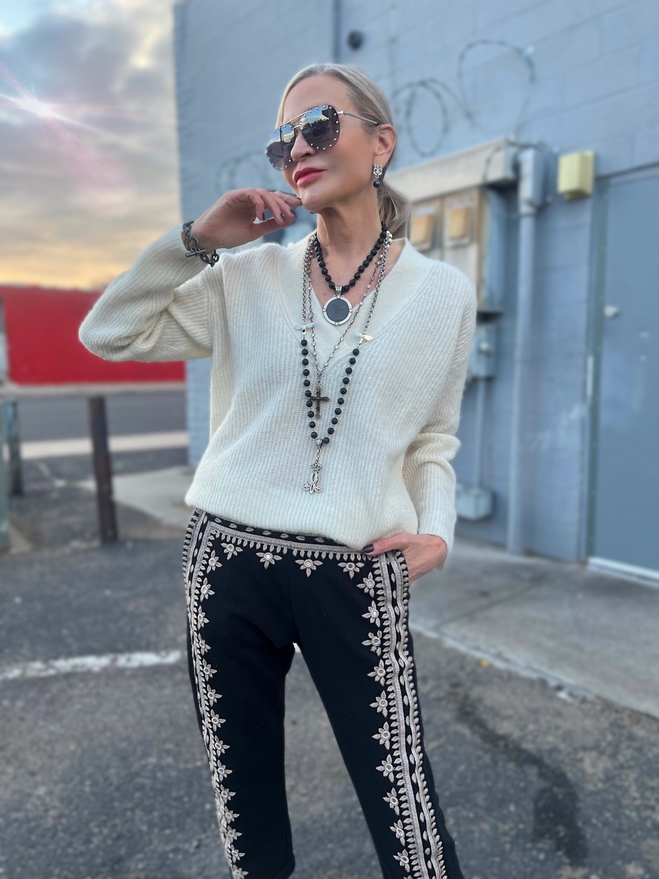 Lifestyle Influencer, Jamie Lewinger of More Than Turquoise wearing French Kande necklaces 