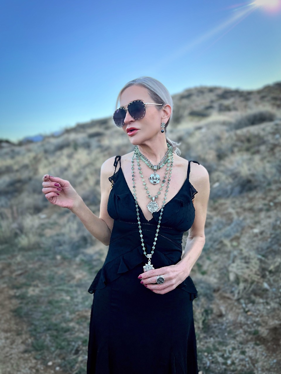 Lifestyle Influencer, Jamie Lewinger of More Than Turquoise wearing French Kande jewelry 
