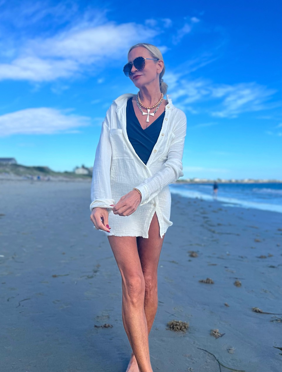 Lifestyle Influencer, Jamie Lewinger of More Than Turquoise wearing Baroque Petals with Lyon chain & French Cross French Kande Necklace 