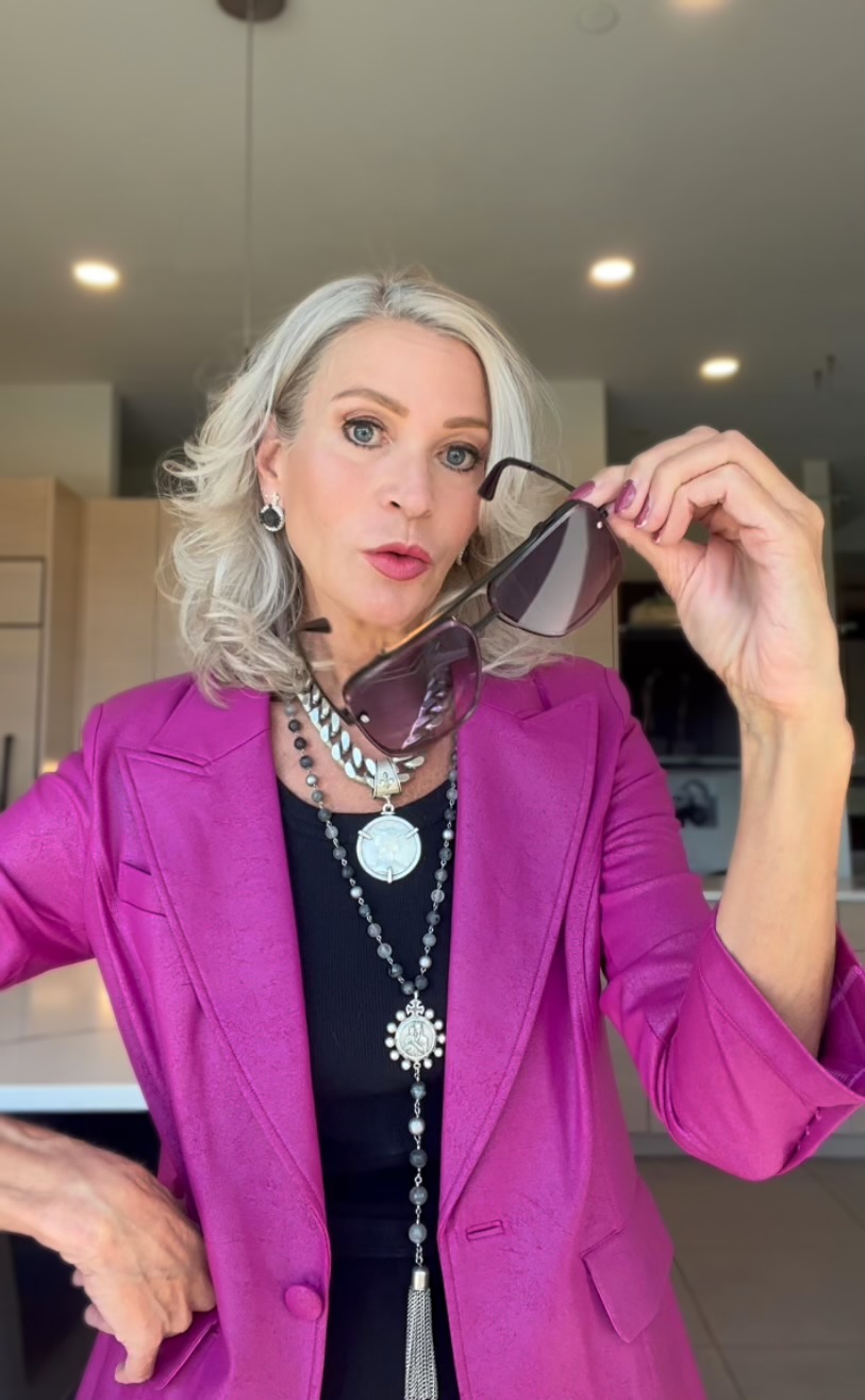 Lifestyle Influencer, Jamie Lewinger of More Than Turquoise wearing Liquid Leather signature pocket blazer in Magenta 