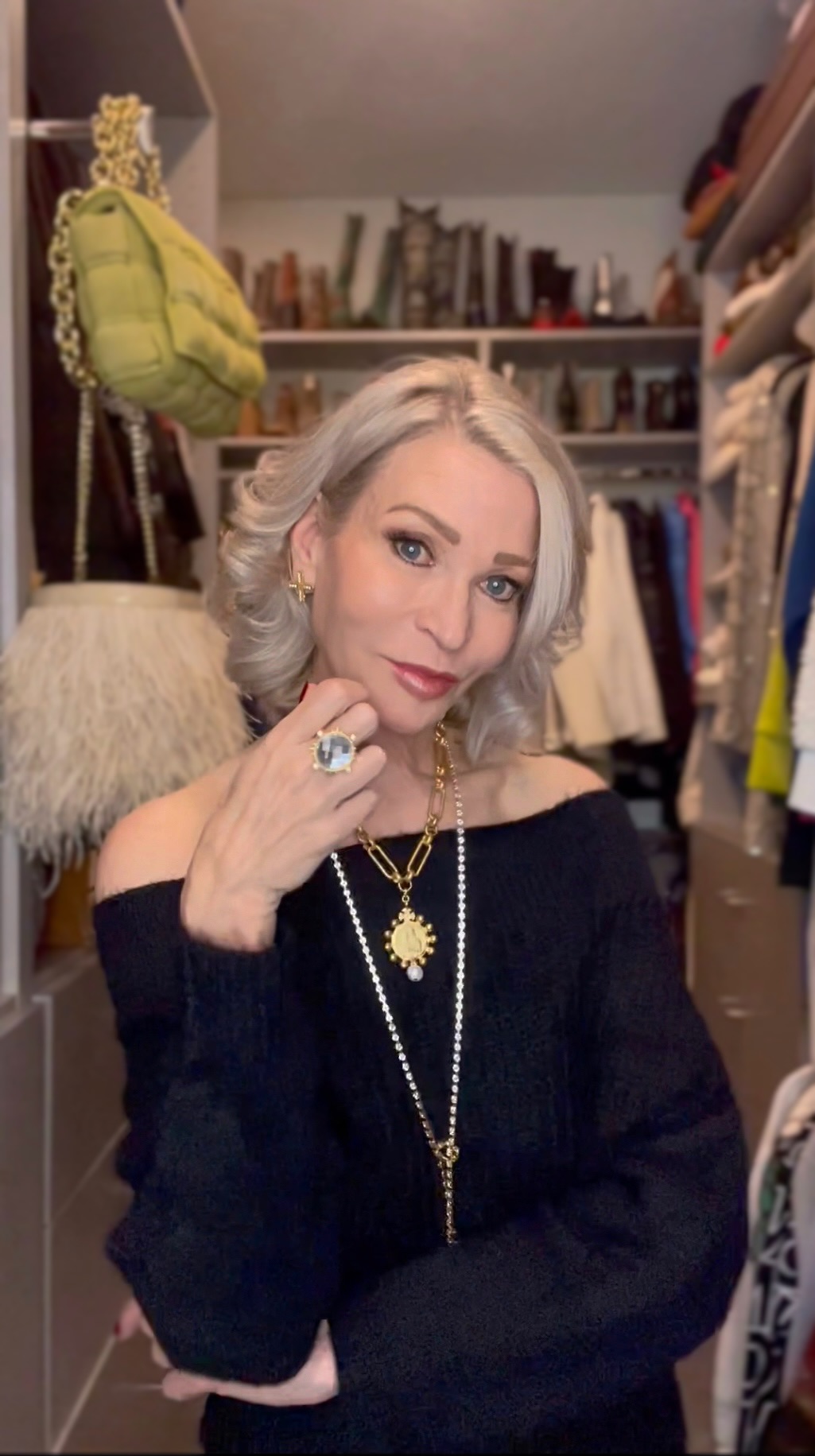 Lifestyle Influencer, Jamie Lewinger of More Than Turquoise wearing French Kande gold spiked ring with Austrian crystal