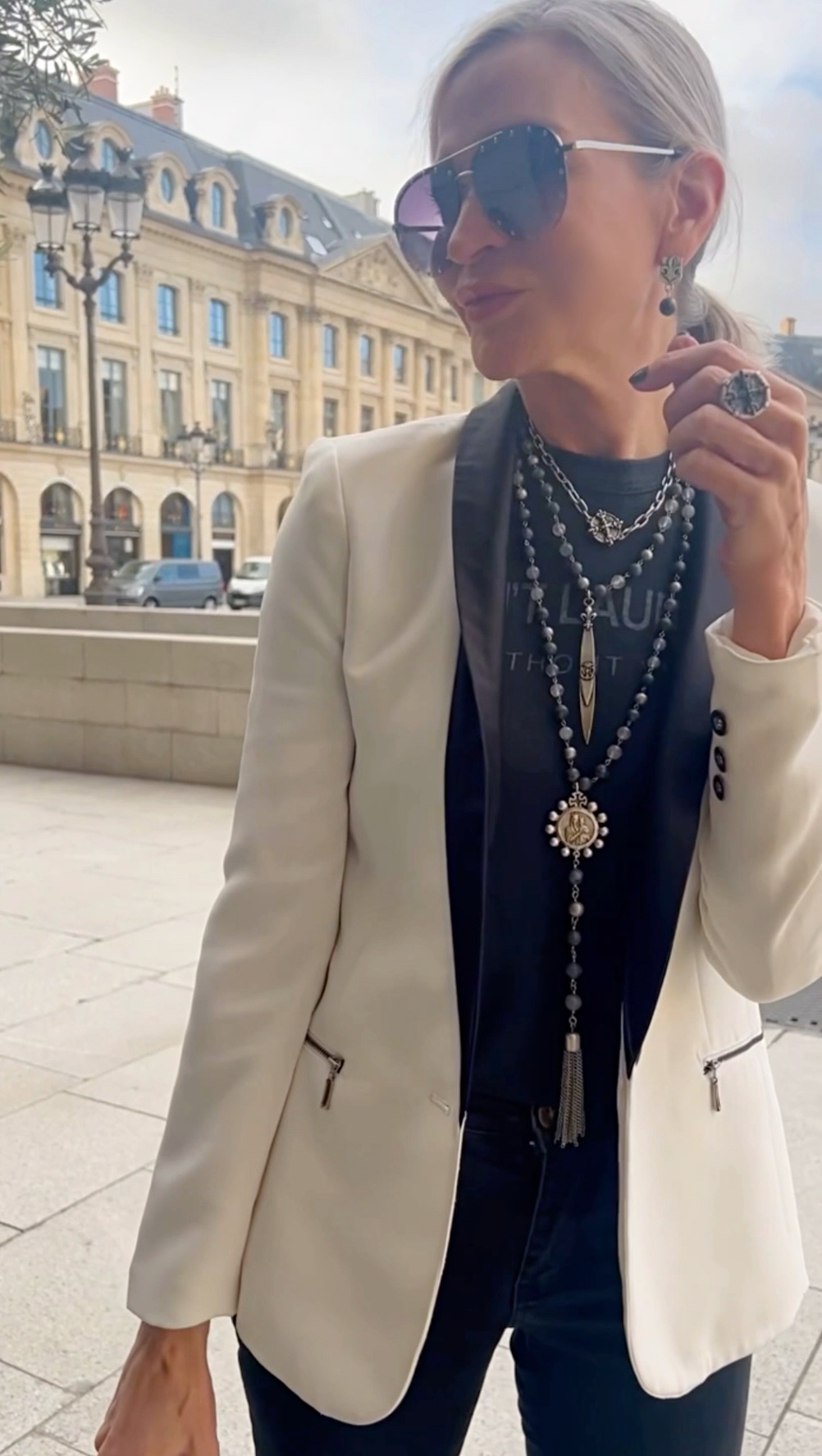 Lifestyle Influencer, Jamie Lewinger of More Than Turquoise wearing French Kande slate mix pieces in Paris France 