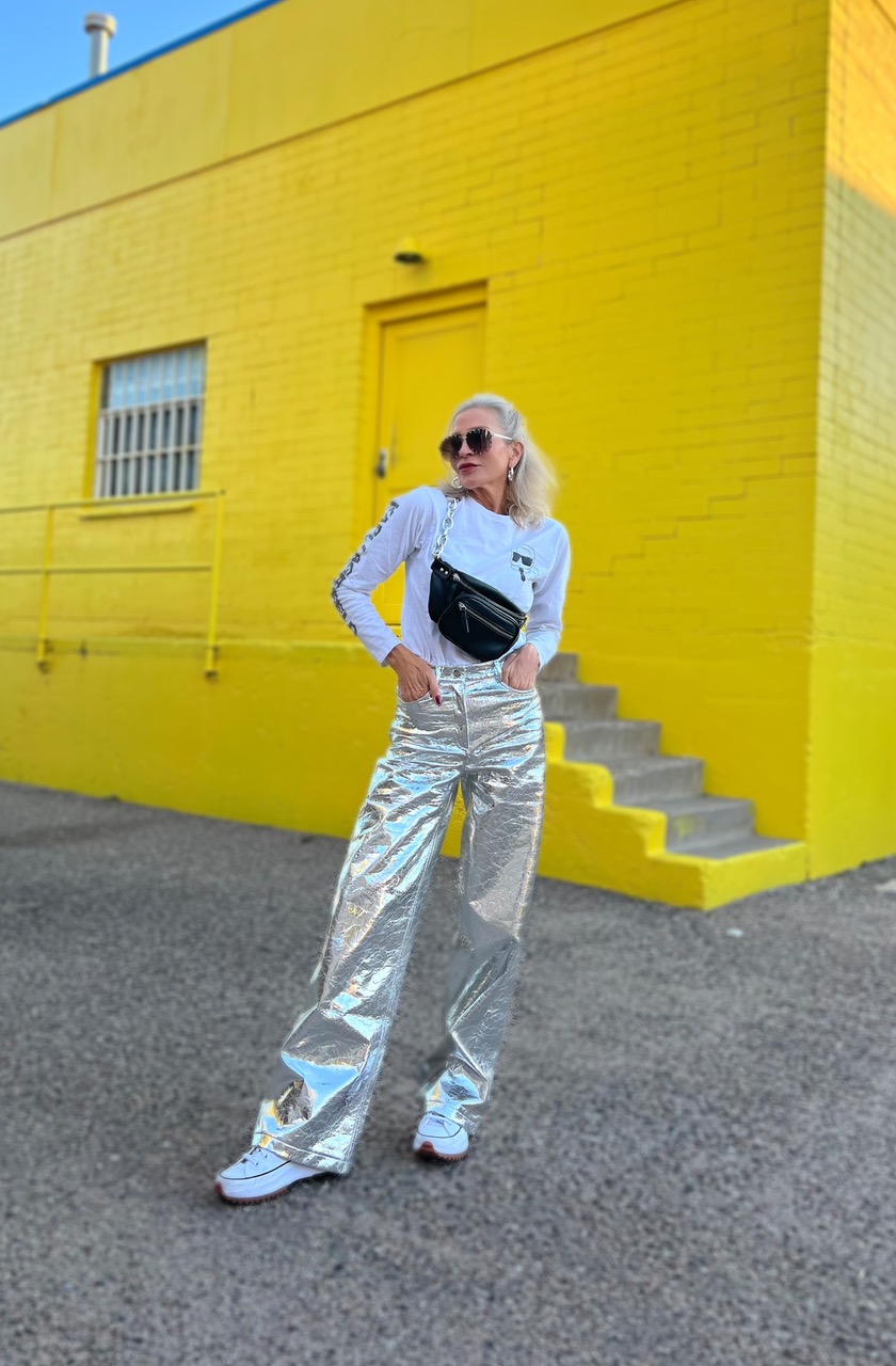 Lifestyle Influencer, Jamie Lewinger of More Than Turquoise wearing wide leg silver metallic faux leather pants from Karen Millen  