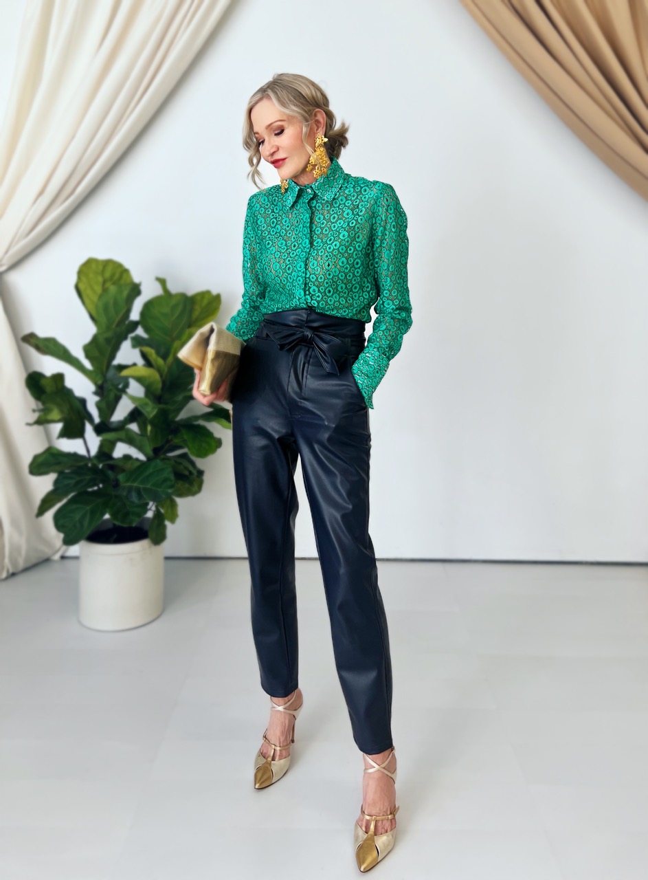 Lifestyle Influencer, Jamie Lewinger of More Than Turquoise, wearing midnight blue faux leather pants from Bailey 44