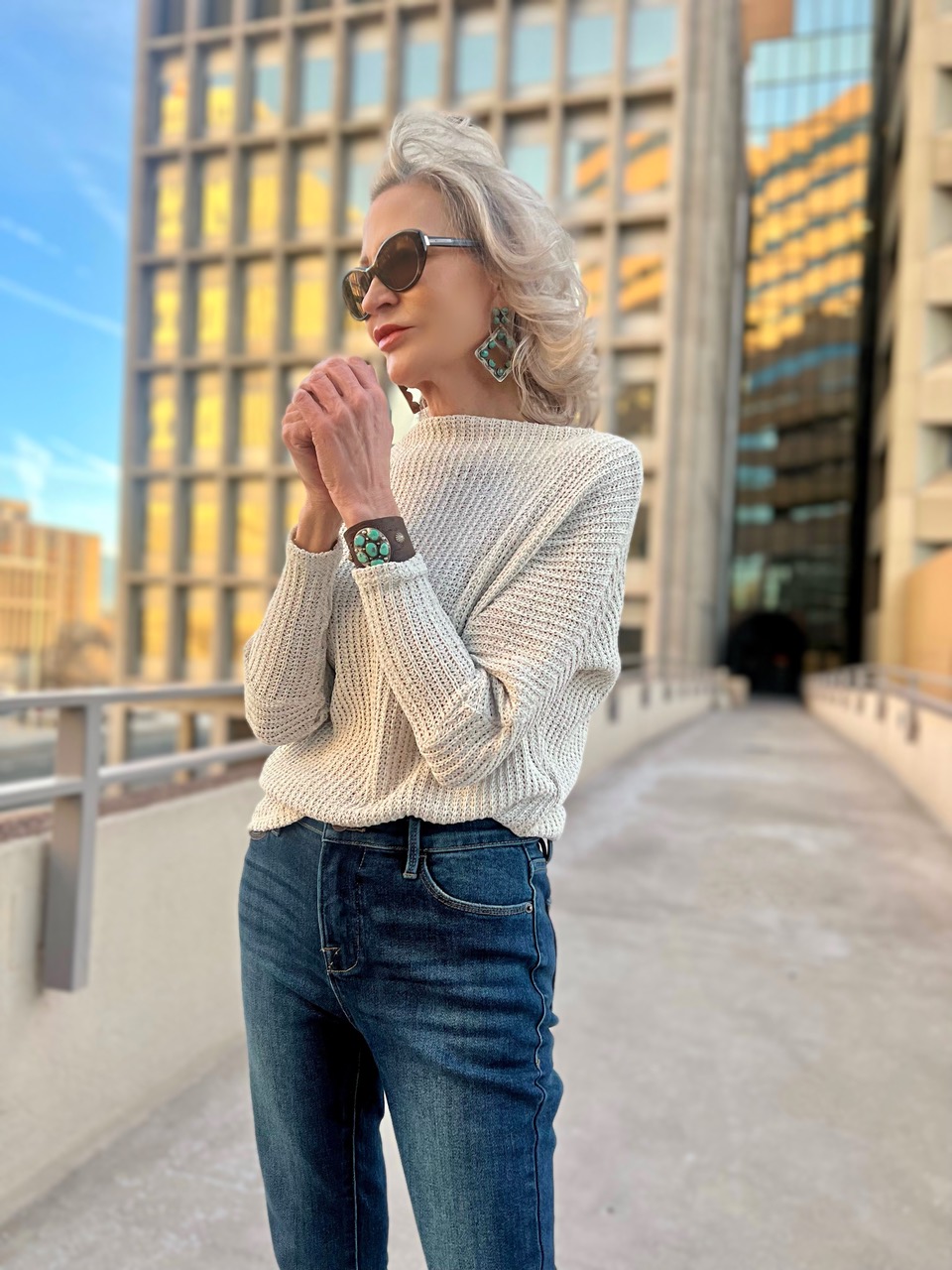 Lifestyle Influencer, Jamie Lewinger of More Than Turquoise wearing Slouchy Off Shoulder Open Stitch sweater from Gibsonlook 