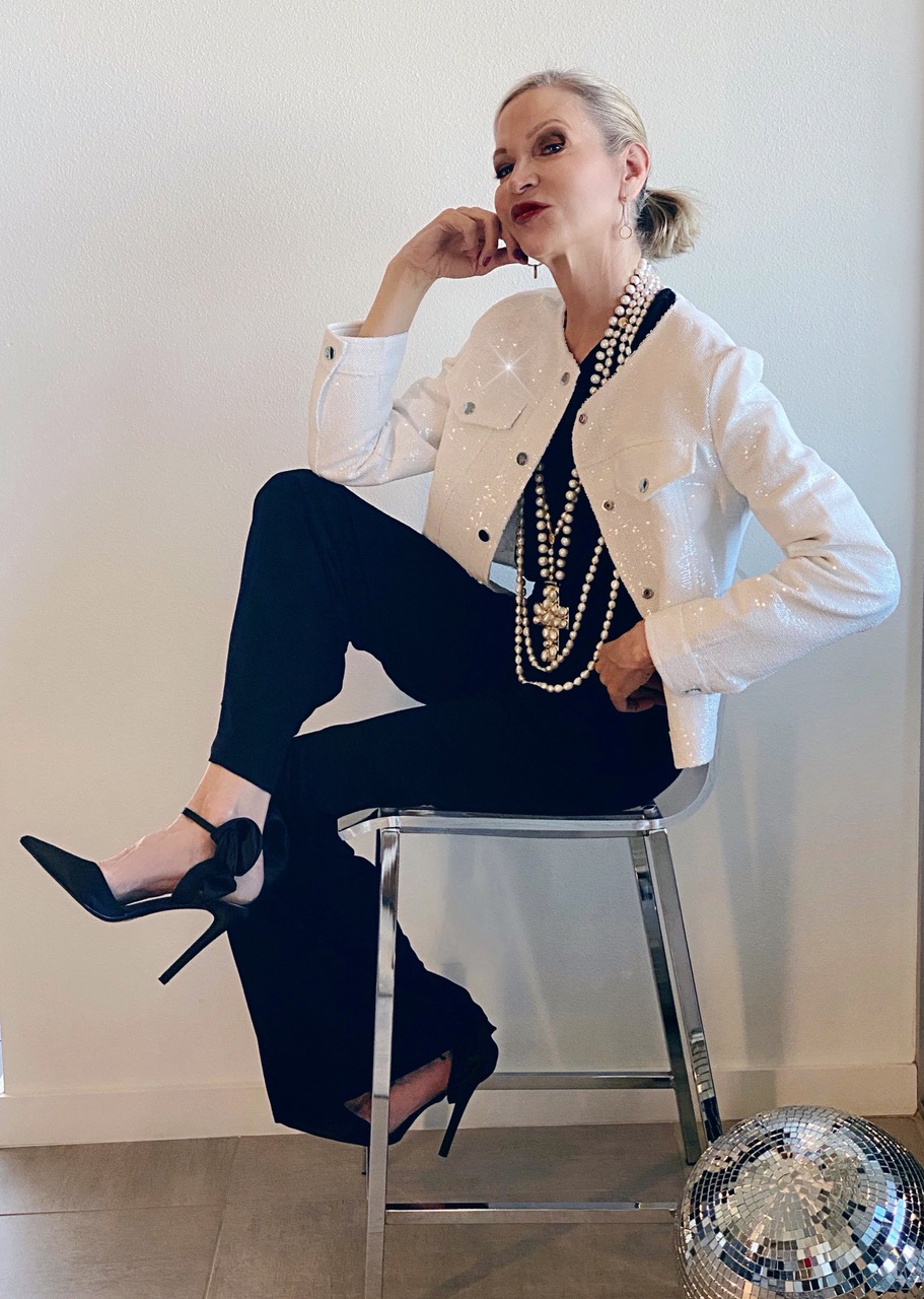 Lifestyle Influencer, Jamie Lewinger of More Than Turquoise, wearing Julie Mile Resort white sequined jacket 