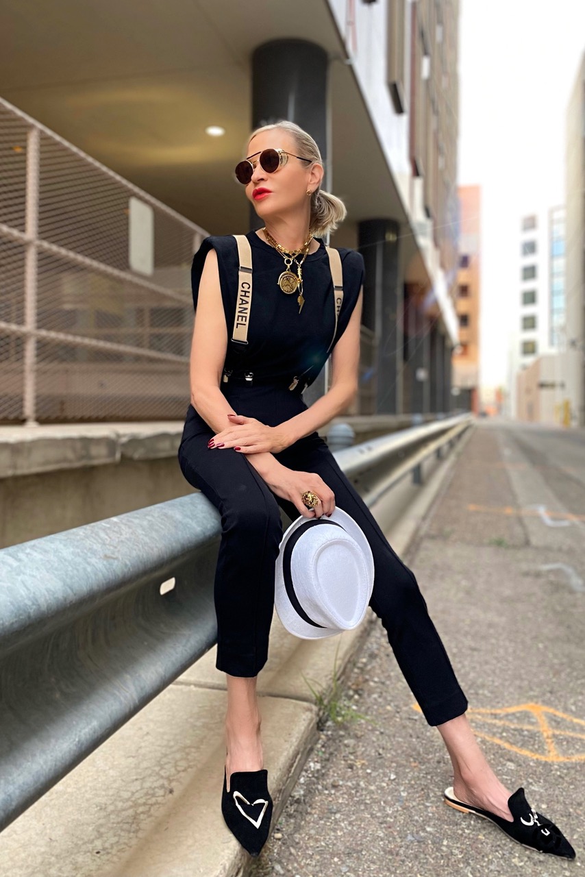 Lifestyle Influencer, Jamie Lewinger of More Than Turquoise wearing chanel suspenders from Poshmark 