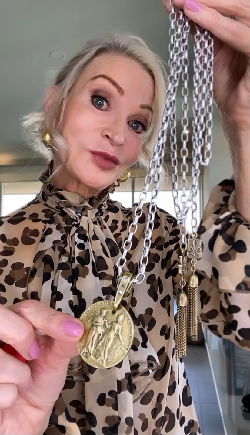 Lifestyle Influencer, jamie lewinger of More Than Turquoise,  with the Jamie Lewinger of More Than Turquoise with the French Kande ADJUSTABLE ALSACE CHAIN WITH REPUBLIQUE MEDALLION, FDL PENDANTS AND TASSELS