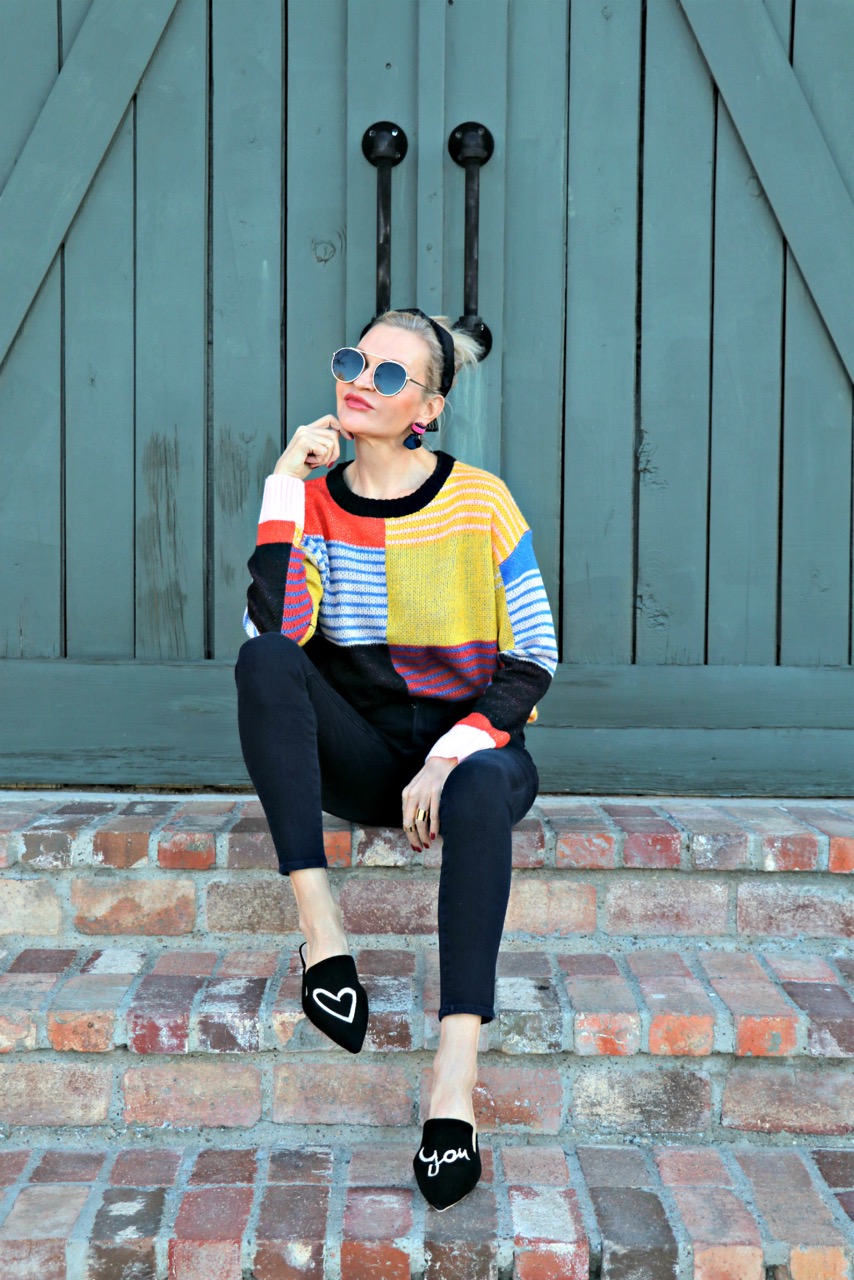 style Influencer, Jamie Lewinger of More Than Turquoise , wearing SheIn drop shoulder colorful striped sweater