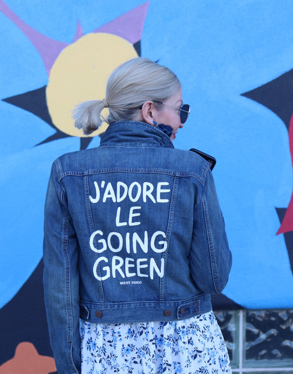 Lifestyle Blogger, Jamie Lewinger of More Than Turquoise, wearing J'ADORE LE GOING GREEN reworked Denim Jacket