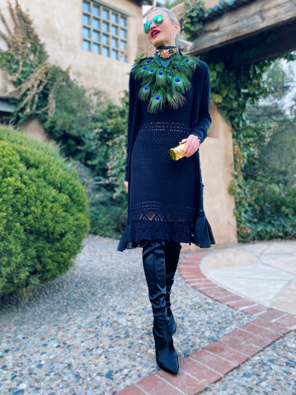 Lifestyle Influencer, Jamie Lewinger of More Than Turquoise wearing J Ewing LUX Peacock necklace in New Mexico 