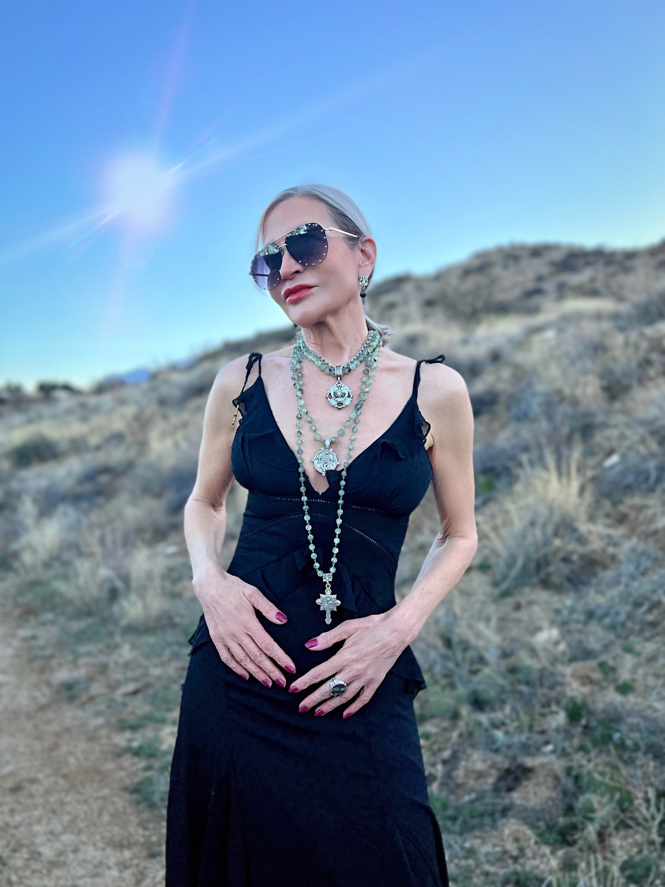 Lifestyle Influencer, Jamie Lewinger of More Than Turquoise wearing the St Germain collection from French Kande jewelry 