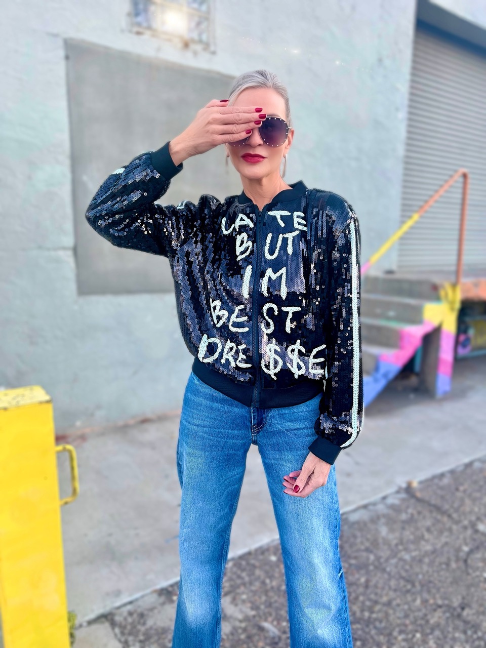 Lifestyle Influencer, Jamie Lewinger of More Than Turquoise wearing graphic sequin bomber from Kate Hewko