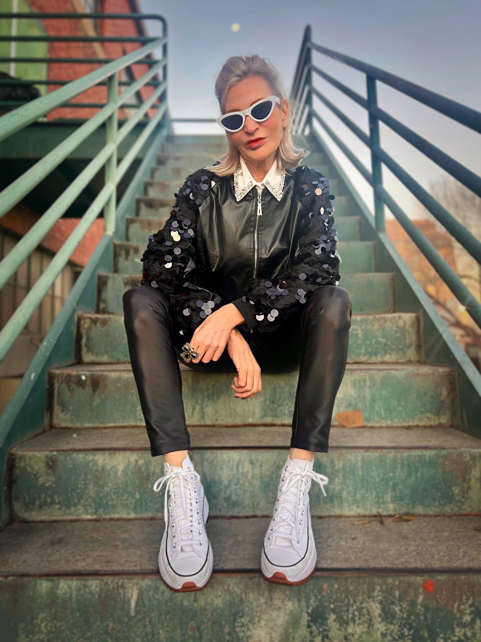 Lifestyle Influencer, Jamie Lewinger of More Than Turquoise wearing sequin petal sleeve bomber from Kate Hewko