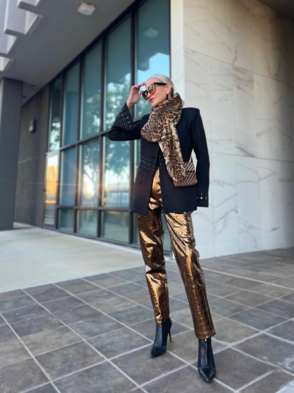 Lifestyle Influencer, Jamie Lewinger of More Than Turquoise wearing metallic faux leather pants from Karen Millen 