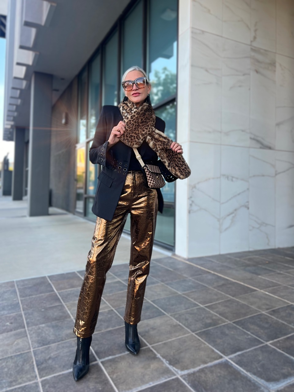 Lifestyle Influencer, Jamie Lewinger of More Than Turquoise wearing bronze metallic faux leather pants from Karen Millen 