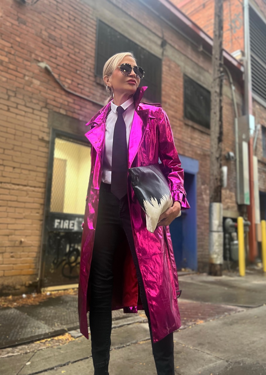 Lifestyle Influencer, Jamie Lewinger of More Than Turquoise wearing Kate Hewko pink metallic trench coat 