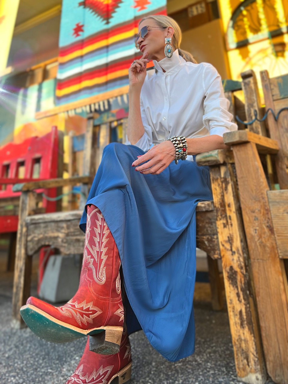 Lifestyle Influencer, Jamie Lewinger of More Than Turquoise wearing J. Jill skirt  in sky blue 
