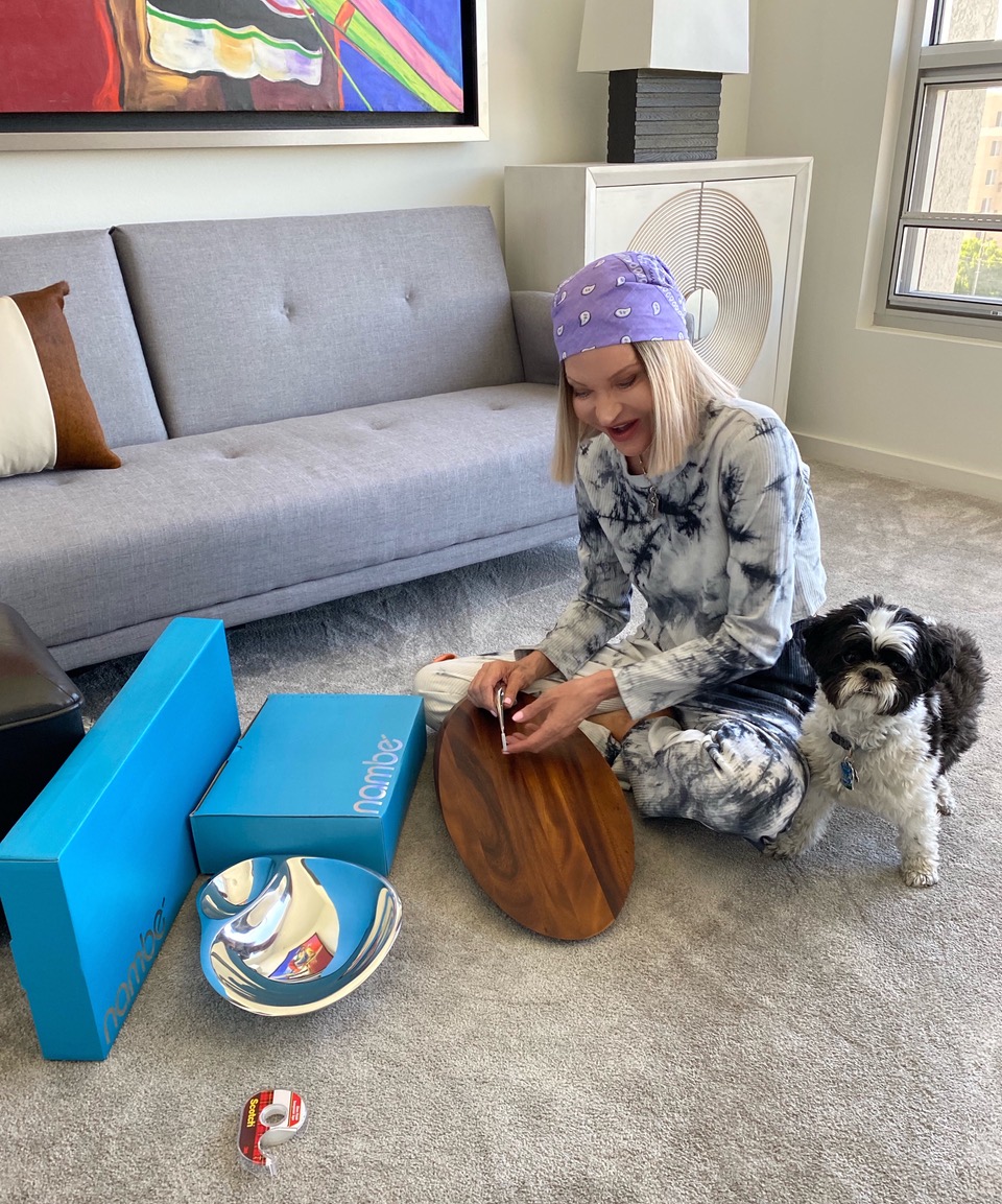 lifestyle influencer, Jamie Lewinger of More Than Turquoise with Nambe swoop cheese board and knife