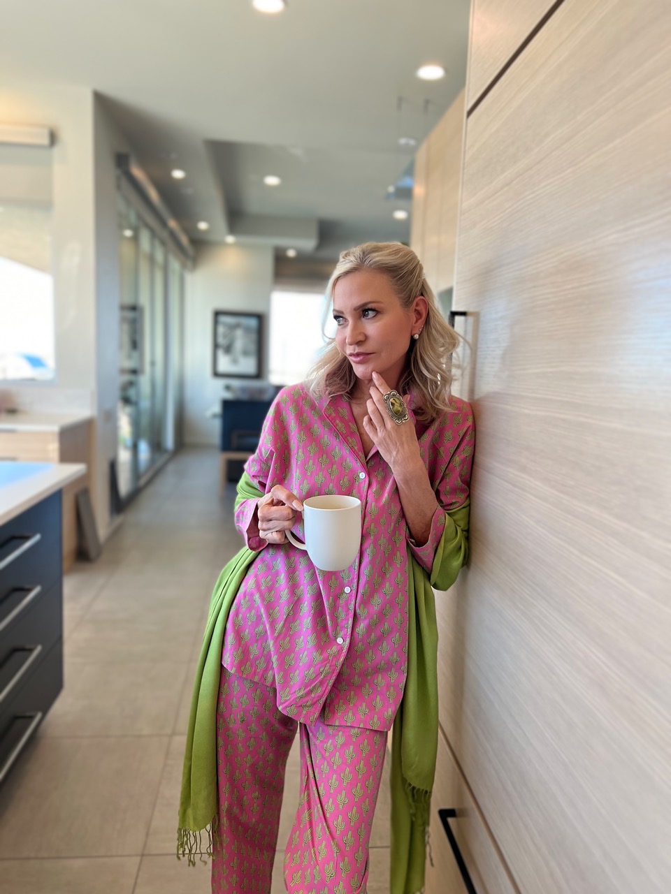Jamie Lewinger of more Than Turquoise wearing the prickly pax pink cactus pajamas from Pax Phi