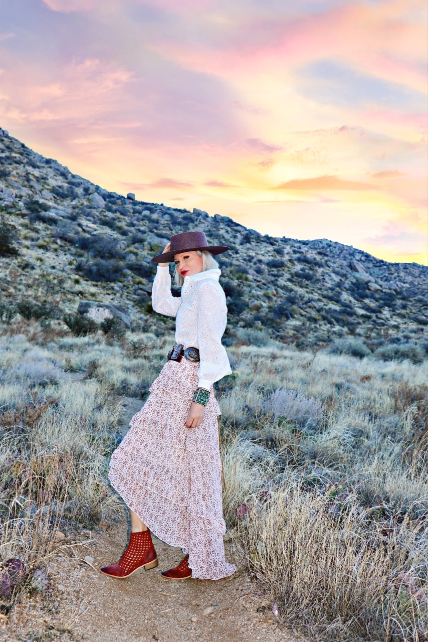 Lifestyle Influencer, Jamie Lewinger of More Than Turquoise, wearing Shein Shirred wide waistband layered ruffle skirt 