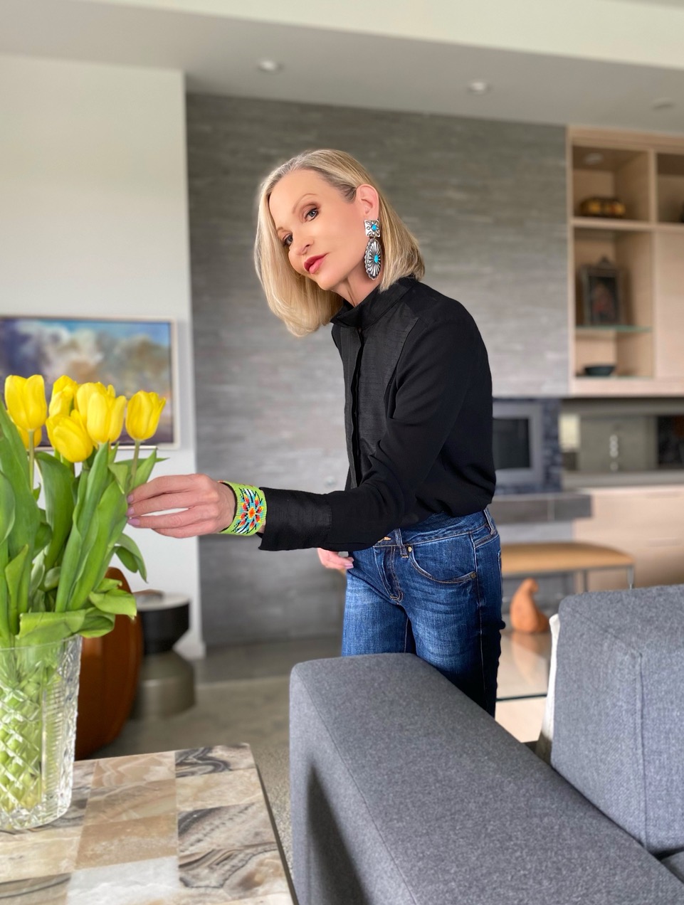 Lifestyle Influencer, Jamie Lewinger of More Than Turquoise, wearing Shoofly 505 southwestern beaded cuff