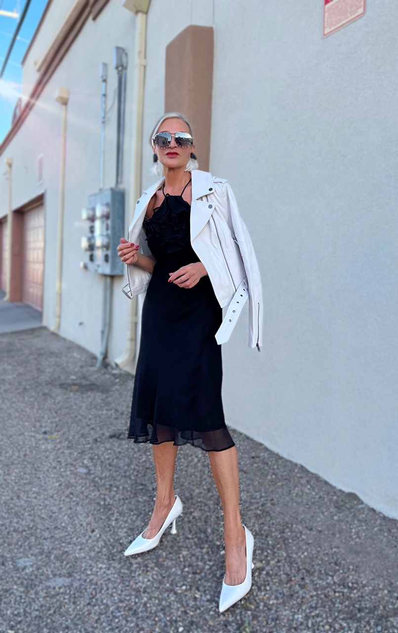 Lifestyle Influencer, Jamie Lewinger of More Than Turquoise wearing the white leeron leather moto jacket  from Universal Standard 
