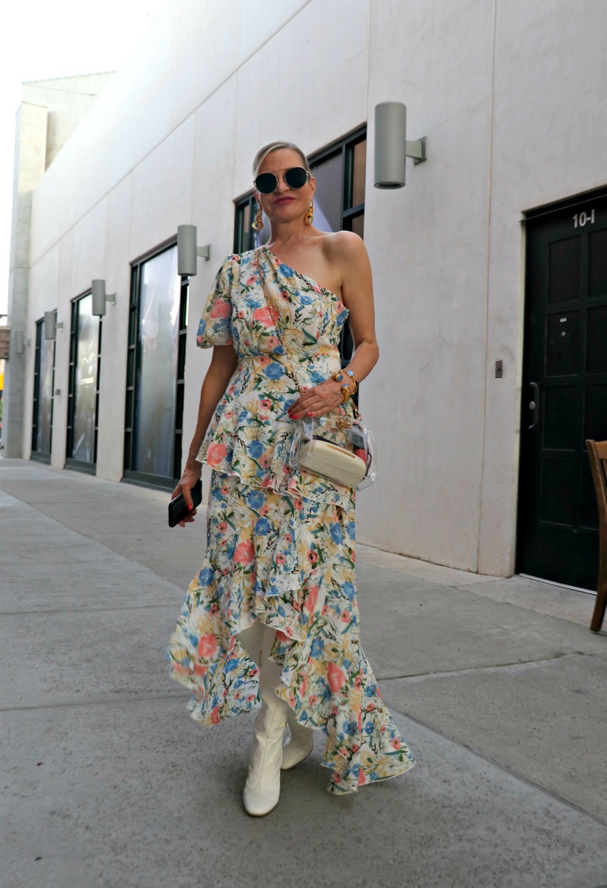 Fashion Blogger, Jamie Lewinger of More Than Turquoise, wearing a one shoulder ruffle asymmetrical dip hem dress from Shein