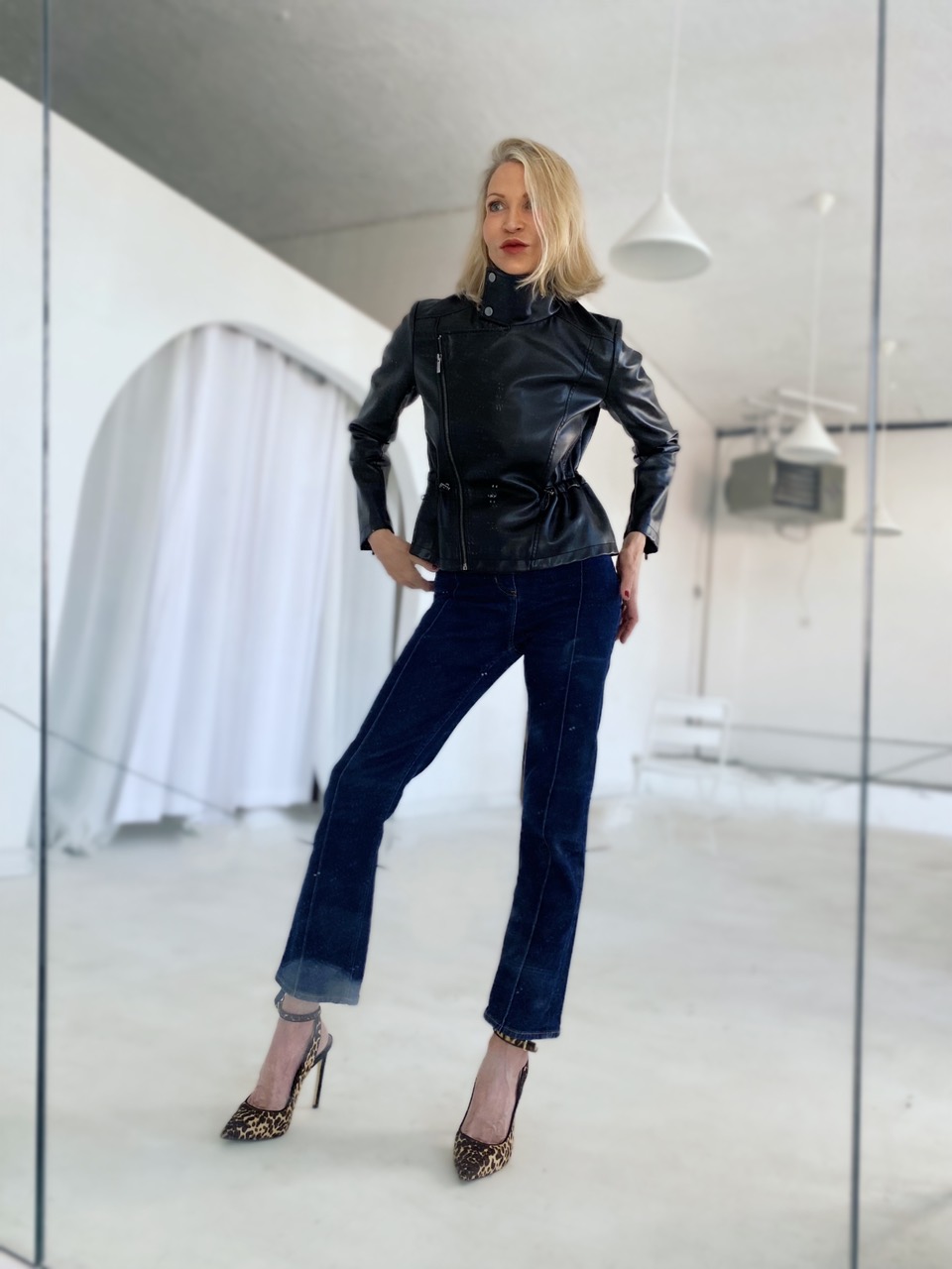 Lifestyle Influencer, Jamie Lewinger of More Than Turquoise wearing French Connection moto jacket rented from Armoire