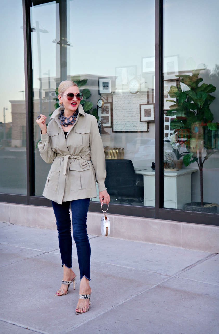 style Influencer, Jamie Lewinger of More Than Turquoise , wearing SheIn Madelaine Flap Pocket detailed belted jacket