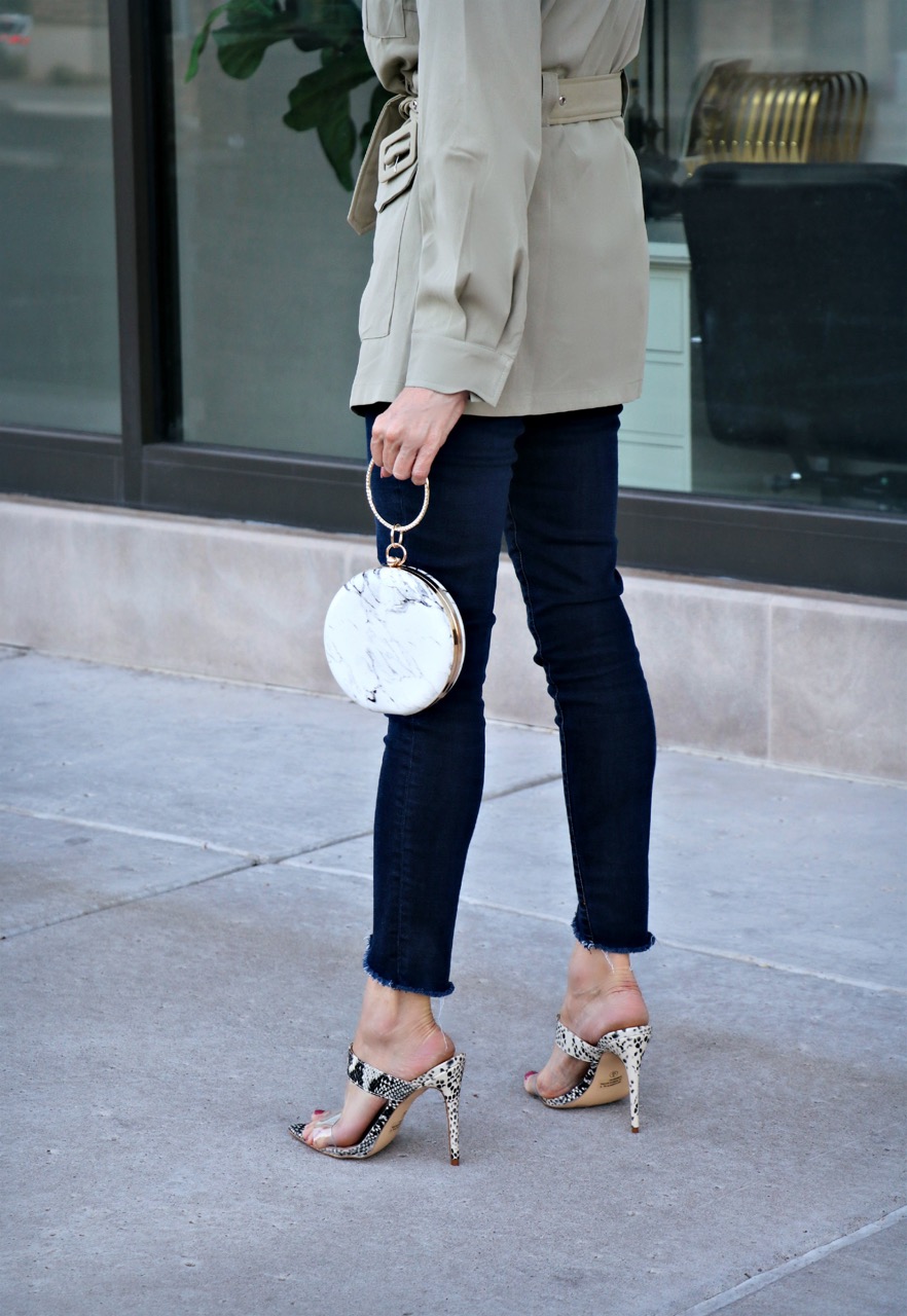 lifestyle Influencer, Jamie Lewinger of More Than Turquoise, wearing SheIn open pointy toe clear band stiletto mule heels