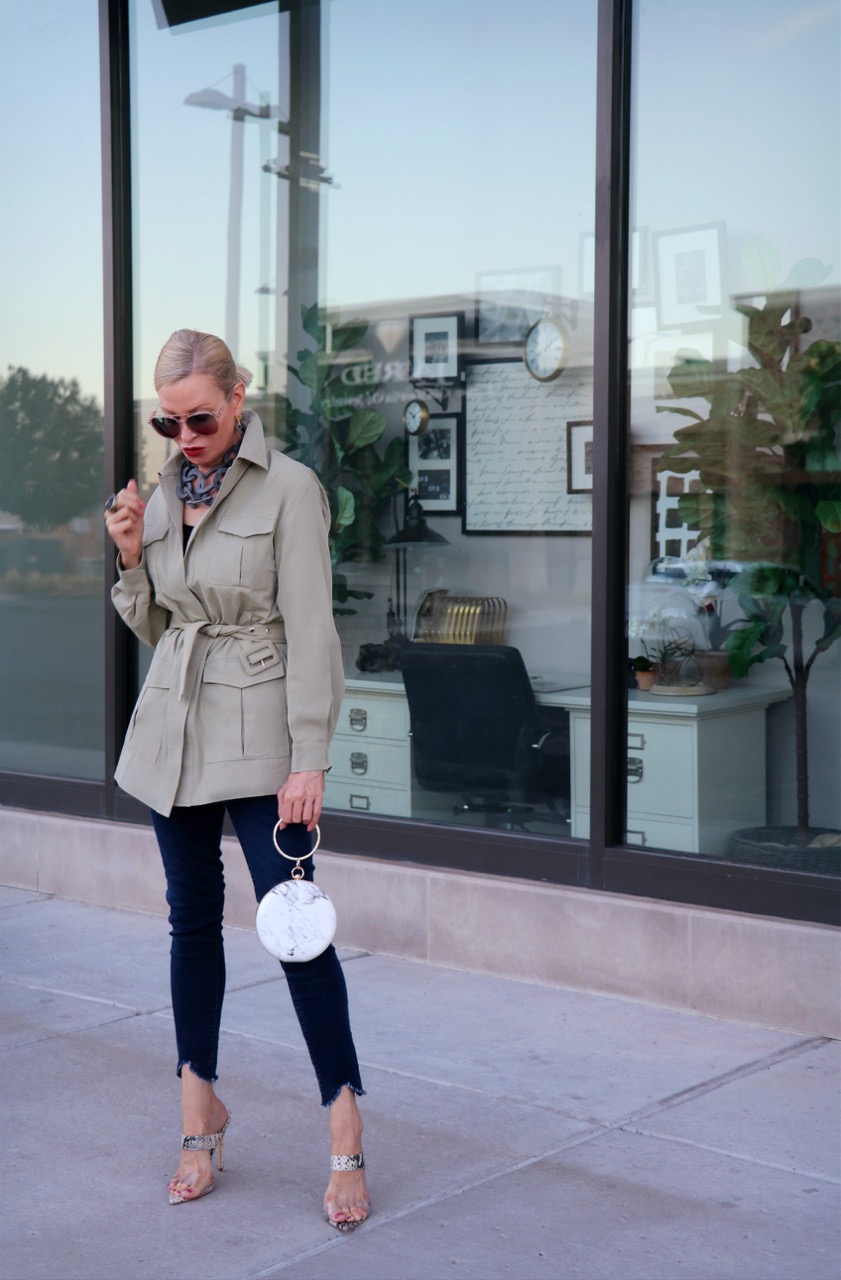 style Influencer, Jamie Lewinger of More Than Turquoise , wearing SheIn Belted jacket 