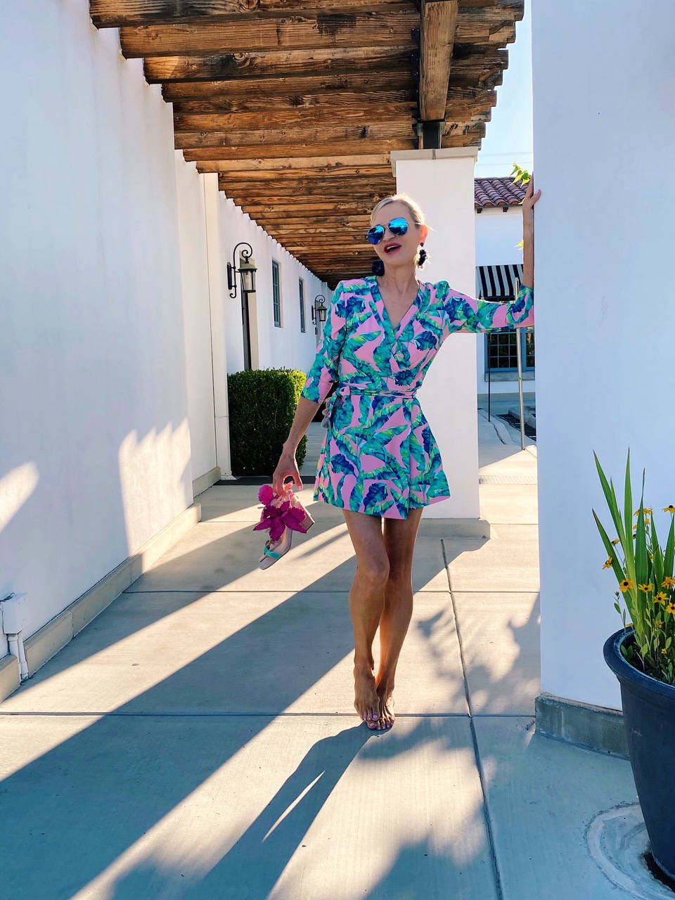 Lifestyle Influencer, Jamie Lewinger of More Than Turquoise in Cabana Life romper from Soft Surroundings