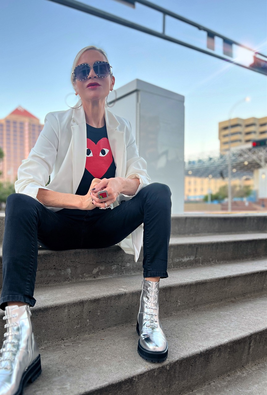 Lifestyle Influencer, Jamie Lewinger of More Than Turquoise wearing the Chance boot in Silver  from Cecelia New York 