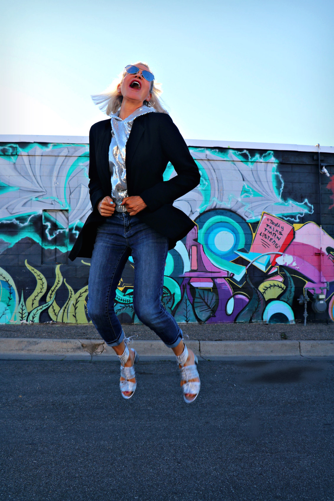 Fashion Blogger, Jamie Lewinger of More Than Turquoise, wearing silver Cecelia NY sandals