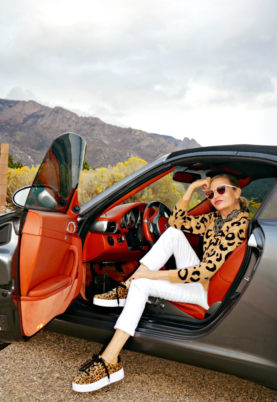 lifestyle Influencer, Jamie Lewinger of More Than Turquoise, wearing leopard print sweater and sneakers from SheIn