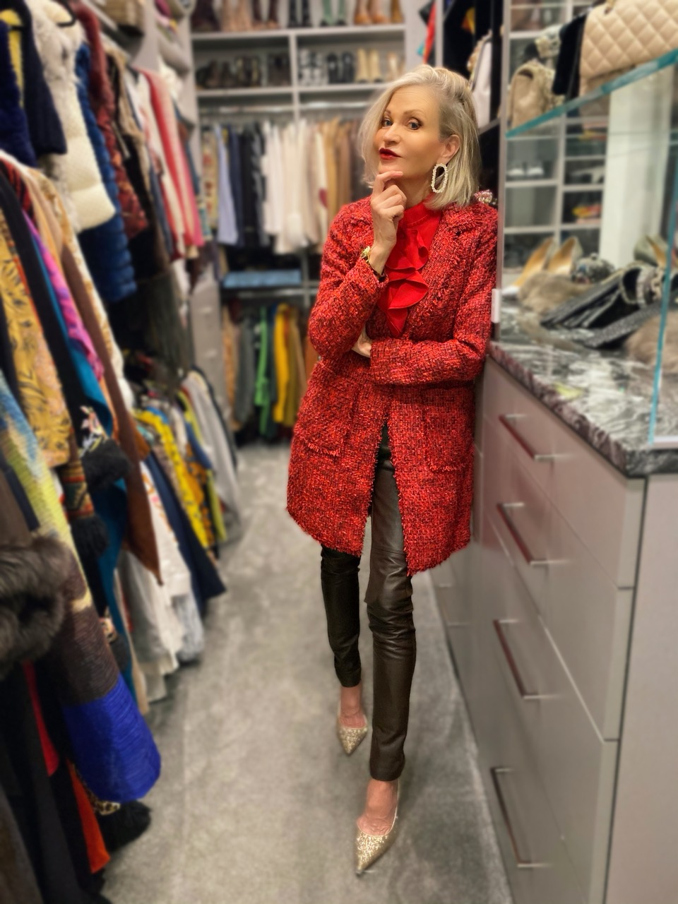 Lifestyle Influencer, Jamie Lewinger of More Than Turquoise, wearing chico's tonal red tweed topper