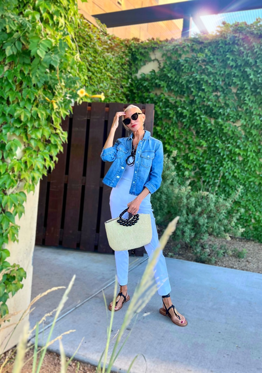 Lifestyle Influencer, Jamie Lewinger of More Than Turquoise wearing cropped denim jacket from chicos 