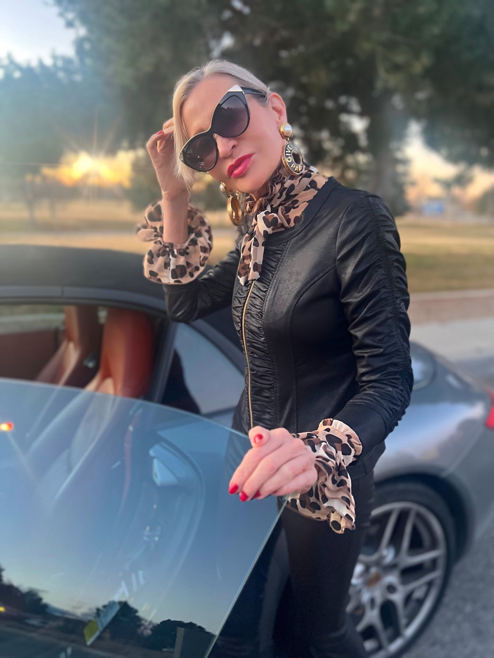 Lifestyle Influencer, Jamie Lewinger of More Than Turquoise wearing Liquid Leather ruched detail jacket in black 
