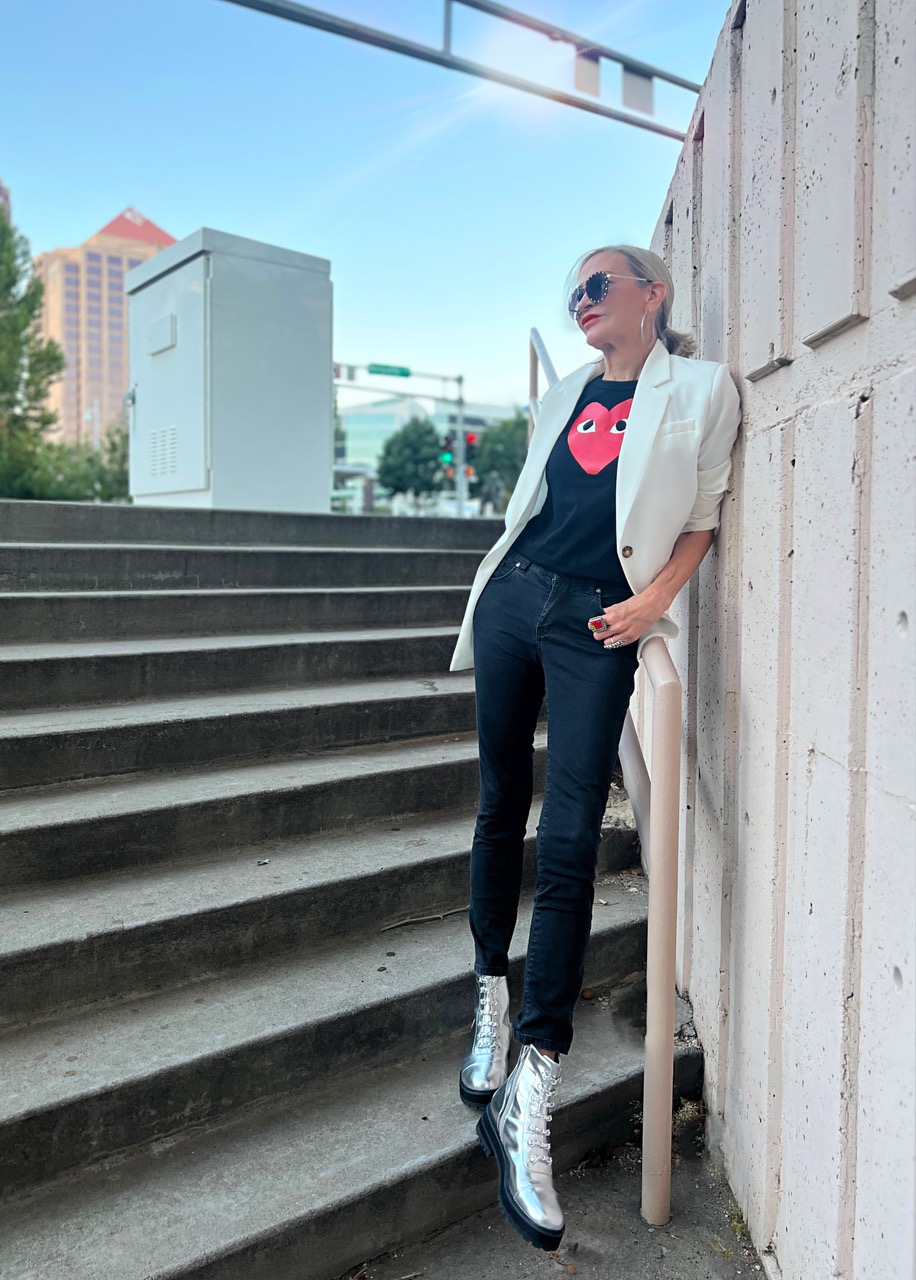 Lifestyle Influencer, Jamie Lewinger of More Than Turquoise in Comme des garçons tee from Italist