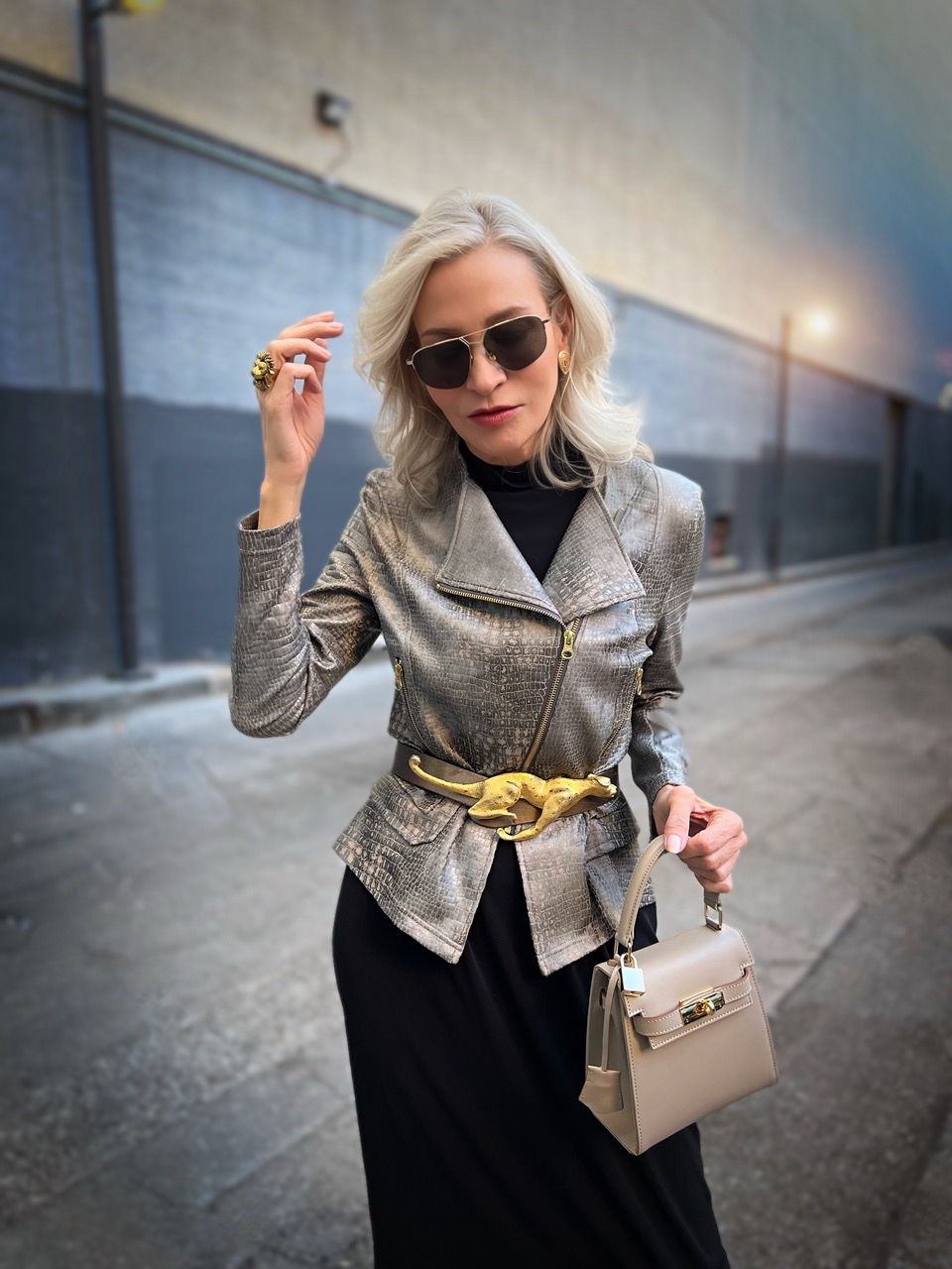Lifestyle Influencer, Jamie Lewinger of More Than Turquoise wearing Liquid Leather Textured Biker Jacket in Crocodile  from Clara Sunwoo 