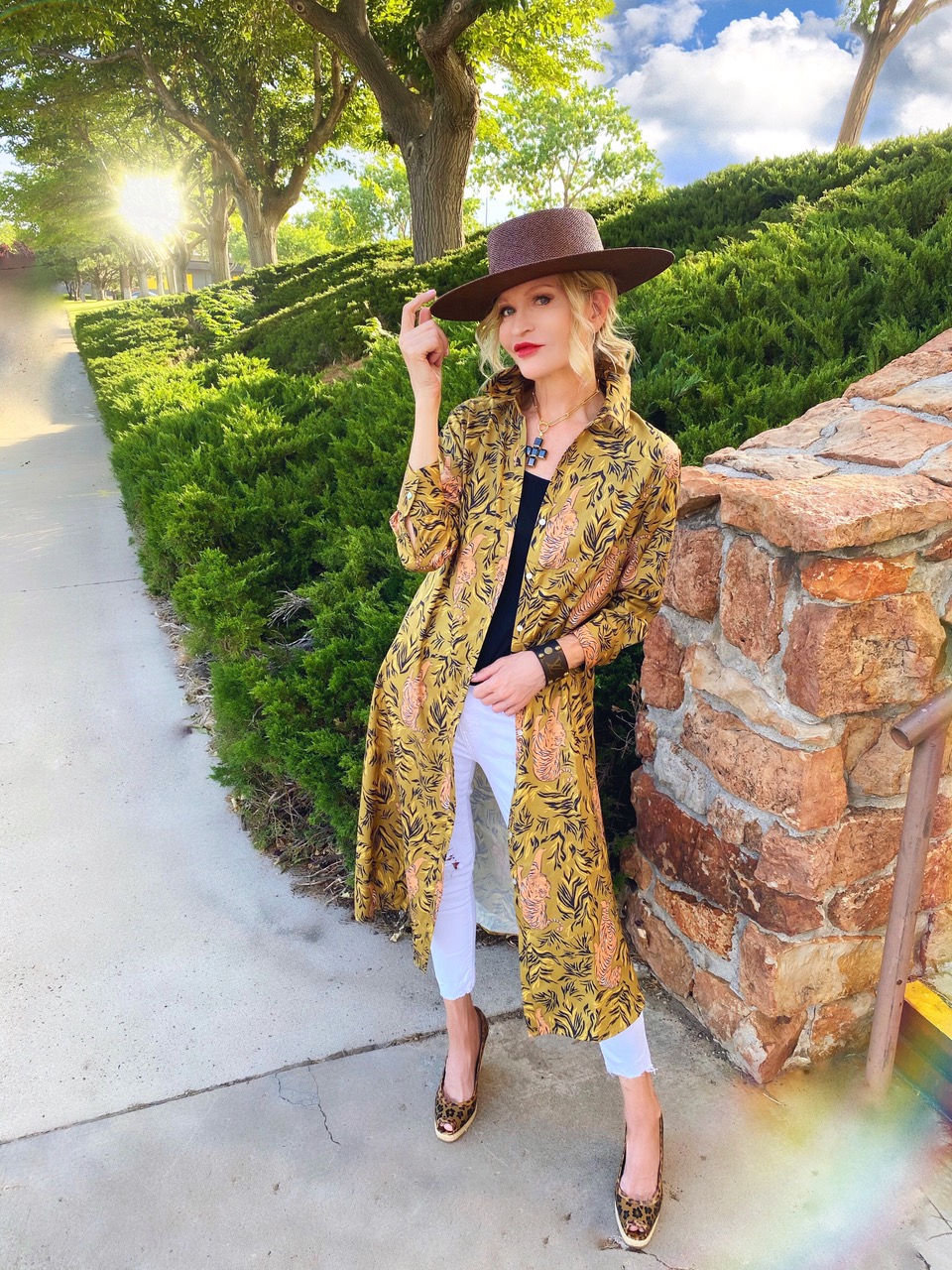 Lifestyle Influencer, Jamie Lewinger of More Than Turquoise, wearing SheIn tiger print button through belted shirt dress